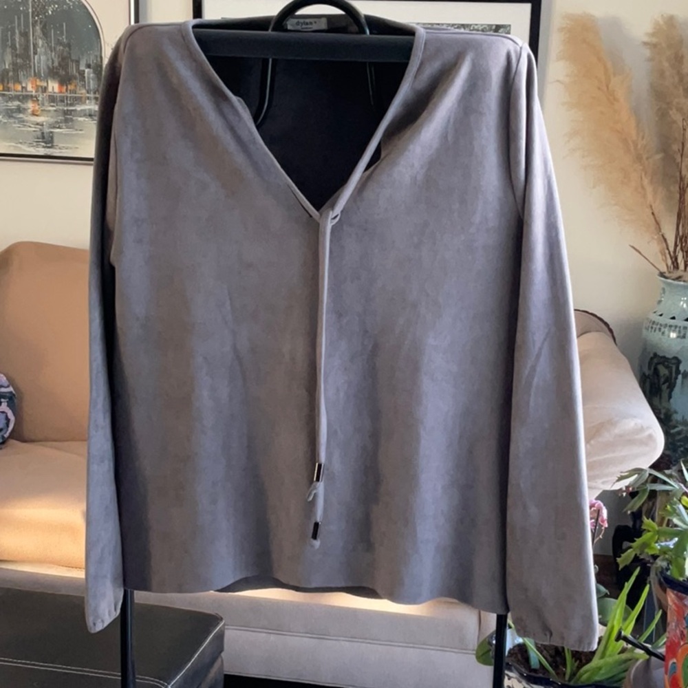 Dylan Size M Chamois Color Faux Suede Grey Long Sleeve Top Shirt